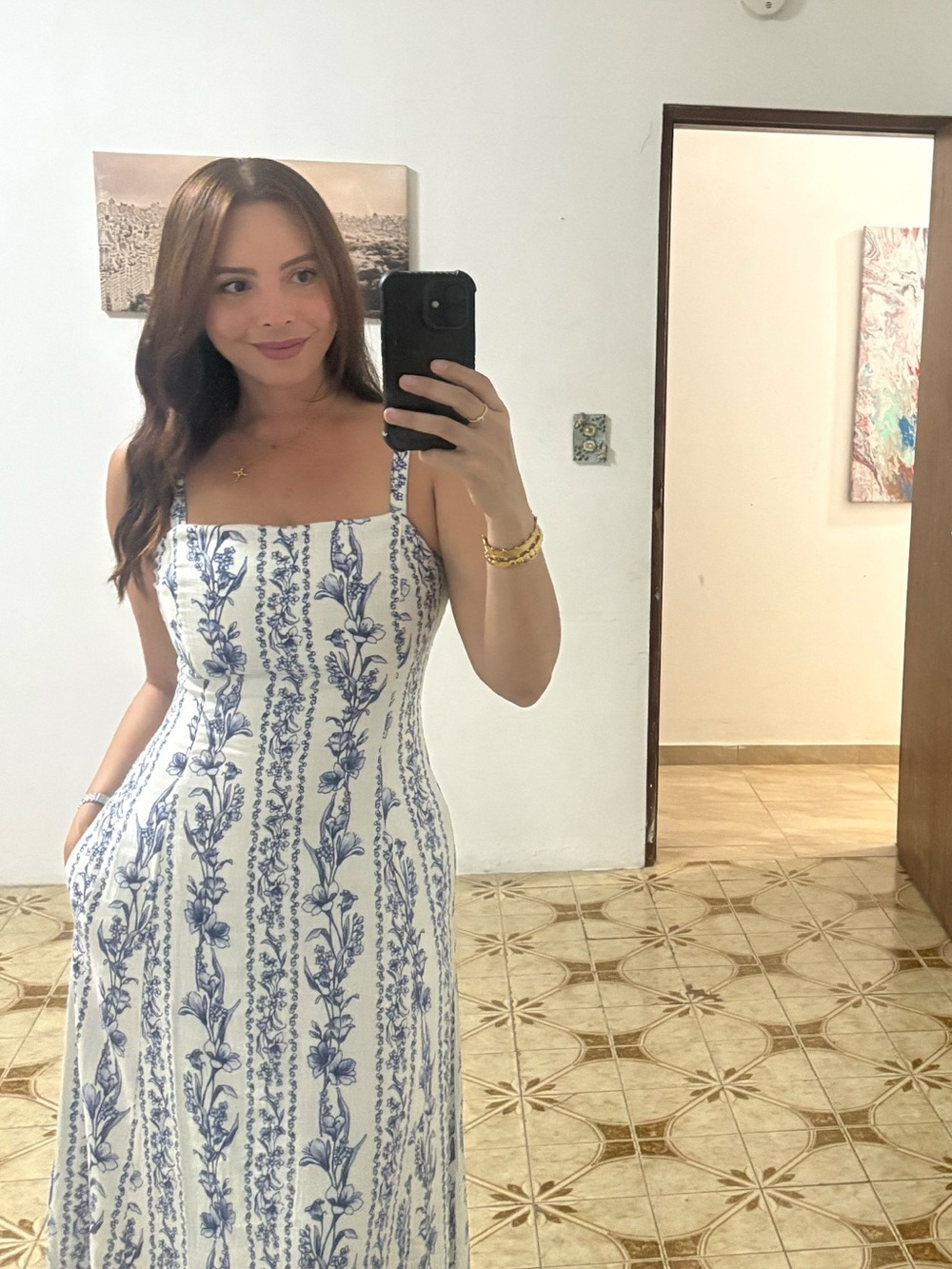 White Maxi Dress with Blue Floral Stripe Print